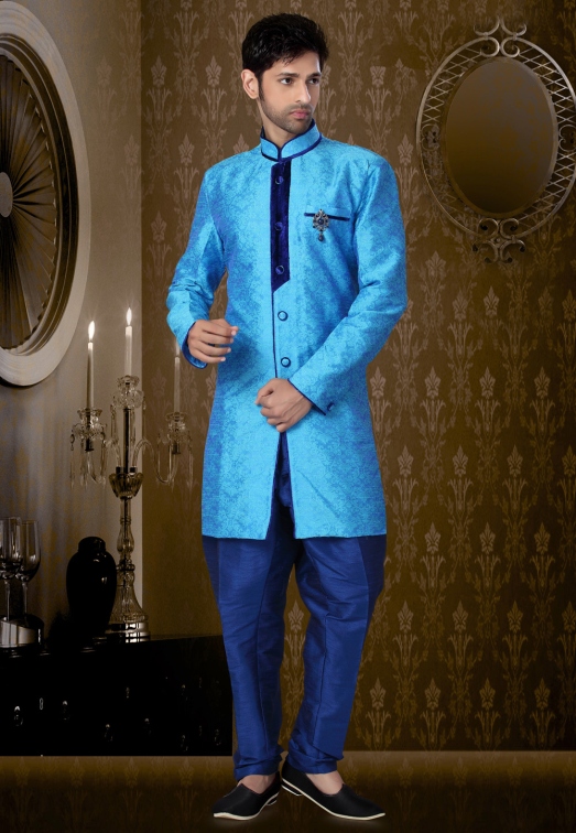 Light Blue Art Silk Readymade Indo Western Suit